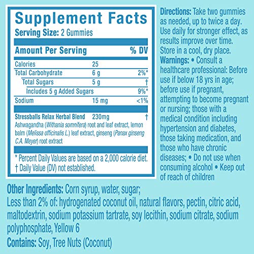 Stressballs De-Stress + Relax with Ashwagandha for Stress Relief Ginseng & Lemon Balm Herbal Blend Non-Drowsy Supplement Gummies, Lemon, 46 Count
