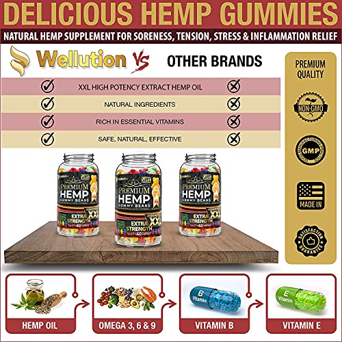 Wellution Hemp Gummies Extra Strength XXL High Potency Vegan - Fruity Gummy Bear with Hemp Oil. Natural Hemp Candy Supplements for Stress & Inflammation. Promotes Sleep & Calm Mood.