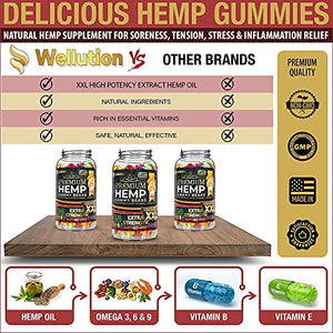 Wellution Hemp Gummies Extra Strength XXL High Potency Vegan - Fruity Gummy Bear with Hemp Oil. Natural Hemp Candy Supplements for Stress & Inflammation. Promotes Sleep & Calm Mood.