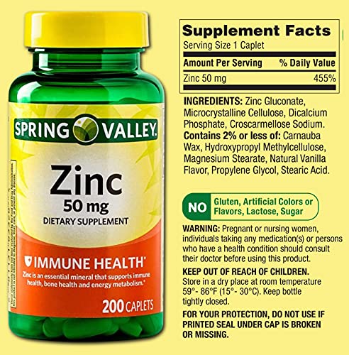 Zinc 50mg Supplement for Adults (Zinc Gluconate) - 200 Caplets.| Over a 6 Months Supply + Vitamin Pouch and Guide to Supplements