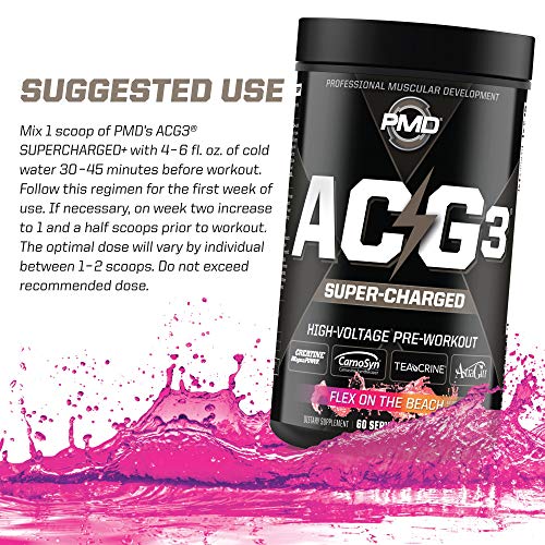 PMD Sports ACG3 Supercharged - Pre Workout - Powerful Strength, High Energy, Maximize Mental Focus, Endurance, Optimum Workout Performance for Men and Women - Flex On The Beach (60 Servings)