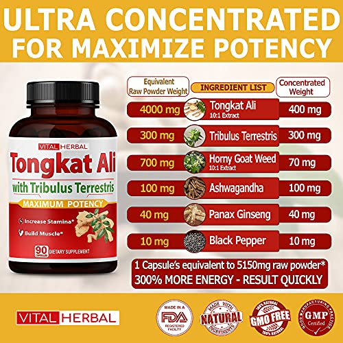 Ultra Tongkat Ali Extract Capsules Equivalent to 5150mg - Maximum Strength with Ashwagandha Tribulus Terrestris Ginseng Horny Goat Weed for Men Women- Increase Energy Build Muscle - 90 Days Supply