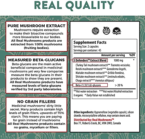 Real Mushrooms 5 Defenders Mushroom Supplements for Immune Support (200ct) Promote Better Overall Wellbeing w/ Chaga, Shiitake, Maitake, Turkey Tail, & Reishi Mushroom | Vegan, Non-GMO