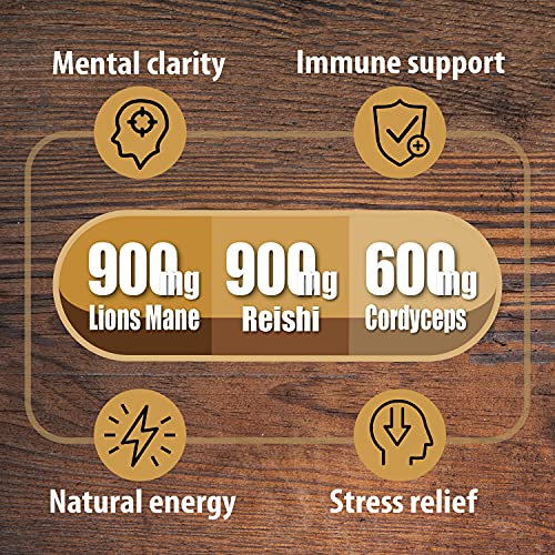 Natural Nootropic Organic Mushroom Complex - Lions Mane, Cordyceps & Reishi Mushroom Supplement as Brain Booster/Energy Pills Help Support Brain Power, Mental Clarity & Immune System, Veggie 2-Mons