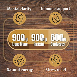 Natural Nootropic Organic Mushroom Complex - Lions Mane, Cordyceps & Reishi Mushroom Supplement as Brain Booster/Energy Pills Help Support Brain Power, Mental Clarity & Immune System, Veggie 2-Mons