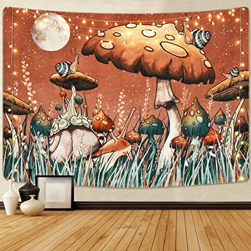 Trippy Mushroom Tapestry Moon and Stars Tapestry Snail Tapestry Plants and Leaves Tapestries Fantasy Fairy Tale Tapestry Wall Hanging for Room(51.2 x 59.1 inches)