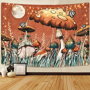 Trippy Mushroom Tapestry Moon and Stars Tapestry Snail Tapestry Plants and Leaves Tapestries Fantasy Fairy Tale Tapestry Wall Hanging for Room(51.2 x 59.1 inches)