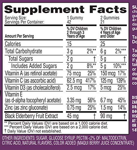 Zarbee's Naturals Children's Elderberry Immune Support with Vitamin C & Zinc, Natural Berry Flavor, 42 Gummies