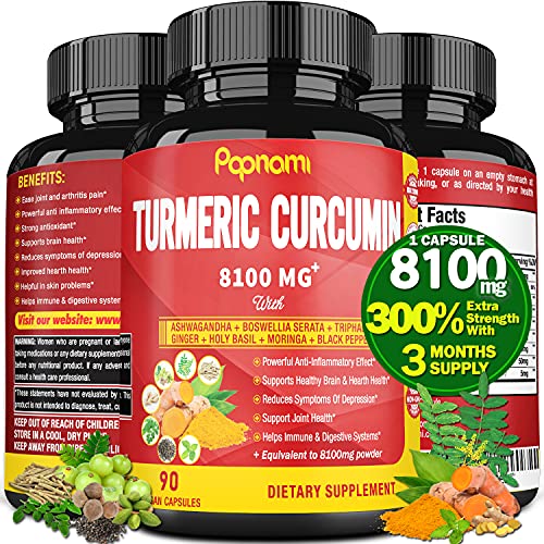 Turmeric Curcumin Extract Capsules 8100mg, 3 Months Supply & Ashwagandha, Triphala, Moringa, Boswellia, Ginger, Tulsi, Black Pepper| Joint Support, Anti Inflammatory| Improve Digestive, Immune System