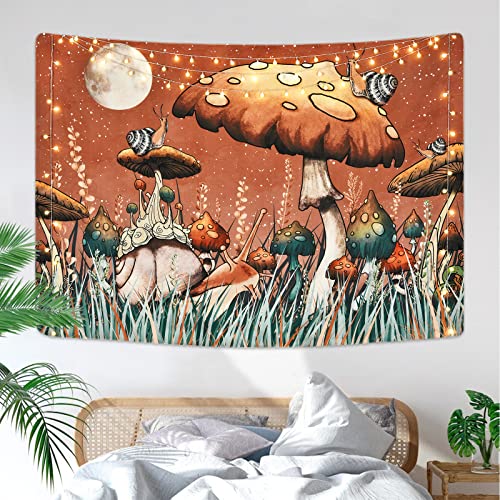 Trippy Mushroom Tapestry Moon and Stars Tapestry Snail Tapestry Plants and Leaves Tapestries Fantasy Fairy Tale Tapestry Wall Hanging for Room(51.2 x 59.1 inches)