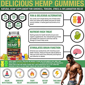 Wellution Hemp Gummies Extra Max x60 High Potency - Fruity Gummy Bear with Hemp Oil. Natural Hemp Candy Supplements for Stress & Inflammation - Promotes Sleep & Calm Mood