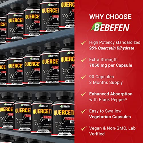 Quercetin Capsules - 7050mg Formula Pills with Black Pepper Extract - 90 Capsules Quercetin Pills for Supports Immune Health & Cardiovascular Health - 3 Month Supply