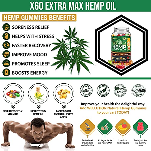 Wellution Hemp Gummies Extra Max x60 High Potency - Fruity Gummy Bear with Hemp Oil. Natural Hemp Candy Supplements for Stress & Inflammation - Promotes Sleep & Calm Mood