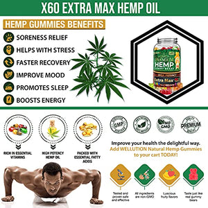 Wellution Hemp Gummies Extra Max x60 High Potency - Fruity Gummy Bear with Hemp Oil. Natural Hemp Candy Supplements for Stress & Inflammation - Promotes Sleep & Calm Mood