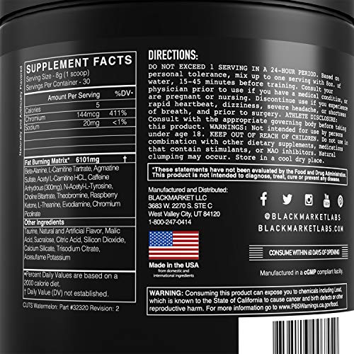 BLACKMARKET CUTS Thermogenic Pre Workout - Preworkout Energy Drink for Men and Women 30 Servings of Fruit Punch Flavor - Creatine Free Pre-Workout Drink Powder