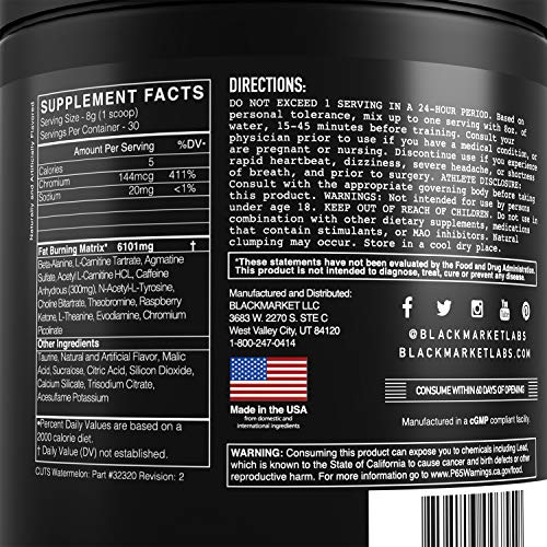 BLACKMARKET CUTS Thermogenic Pre Workout - Preworkout Energy Drink for Men and Women 30 Servings of Watermelon Flavor - Creatine Free Pre-Workout Drink Powder