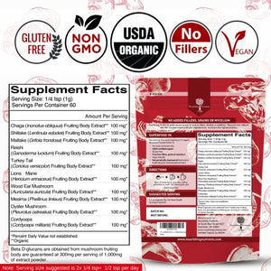 Organic Mushroom Powder Extract -Superfood 10 Supplement 14x Stronger 100% Pure USDA Immunity Booster- Reishi, Chaga, Cordyceps, Shiitake, Lions Mane, Turkey Tail and More. Add to Coffee/Tea 60 Grams