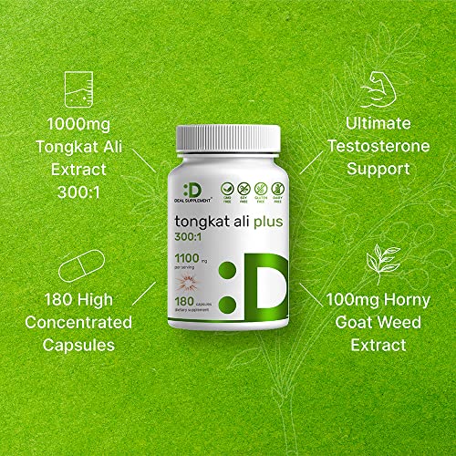 Tongkat Ali Extract 300:1 Enhanced with Horny Goat, 1100mg Per Serving, 180 Capsules, 2-1 Formula, Indonesia Origin Eurycoma Longifolia (Longjack), Max Strength Tongkat Ali for Men