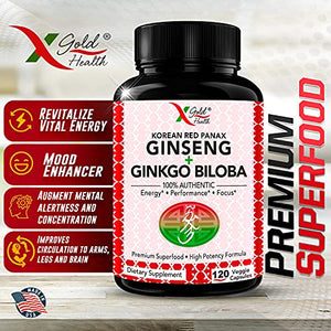 Authentic Korean Red Panax Ginseng 1200mg + Ginkgo Biloba - 120 Vegan Capsules - High Ginsenosides Extra Strength Root Extract Powder Supplement for Energy, Performance & Focus Pills for Men & Women