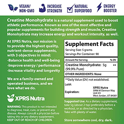 XPRS Nutra Vegan Creatine Monohydrate Powder - 453g of Premium Bulk Creatine Powder for Muscle Growth and Endurance - Vegan Friendly Instantized Creatine for Men and Women (16 oz)