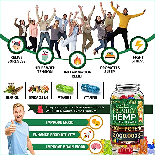 Wellution Hemp Gummies 2,000,000 XXL high Potency - Fruity Gummy Bear with Hemp Oil, Natural Hemp Candy Supplements for Soreness, Stress & Inflammation Relief, Promotes Sleep & Calm Mood