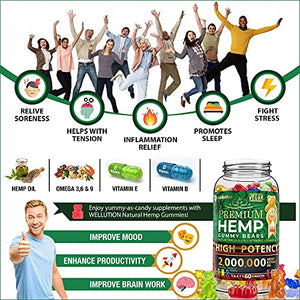 Wellution Hemp Gummies 2,000,000 XXL high Potency - Fruity Gummy Bear with Hemp Oil, Natural Hemp Candy Supplements for Soreness, Stress & Inflammation Relief, Promotes Sleep & Calm Mood