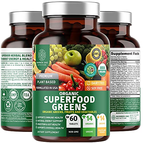 N1N Premium Organic Superfood Greens, Fruits and Veggies [28 Powerful Ingredients] All Natural Superfood Supplement with Alfalfa, Beet Root and Ginger to Boost Energy, Immunity and Gut Health, 60 Ct