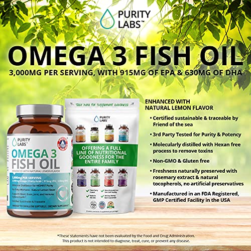 Triple Strength Omega 3 Fish Oil Supplement 3,000MG. Highest Quality and Potency Available - 180 Softgels - Rich in EPA 915mg + DHA 630mg - Burpless Non-GMO NSF-Certified, Heart & Brain Support