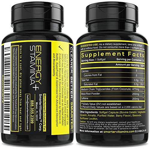 SmarterVitamins Energy Pills & Maca Root with 200mg Caffeine Pills Added Coconut MCT Oil for Stamina & Mood Boost, 50 Liquid Softgels