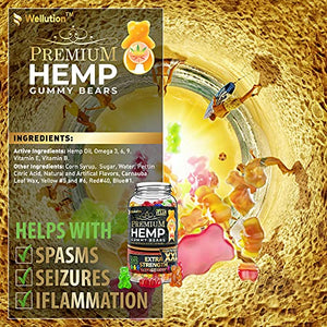 Wellution Hemp Gummies Extra Strength XXL High Potency Vegan - Fruity Gummy Bear with Hemp Oil. Natural Hemp Candy Supplements for Stress & Inflammation. Promotes Sleep & Calm Mood.