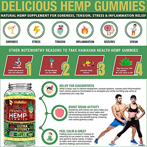 Wellution Vegan Hemp Gummies for Sleep x60 Ultra Potency - Stress Relief - Mood Enhancer & Immune Support - Rich in Vitamins B, E & Omega 3-6-9, Made in USA