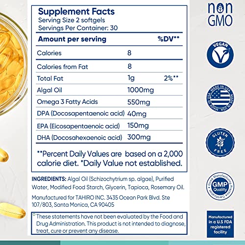Tahiro Vegan Omega-3 Softgels. Serving Size 1000mg Includes DPA , DHA & EPA Plant Based Supplement. Nutrients for Men, Women, Kids, and Pregnant Women.