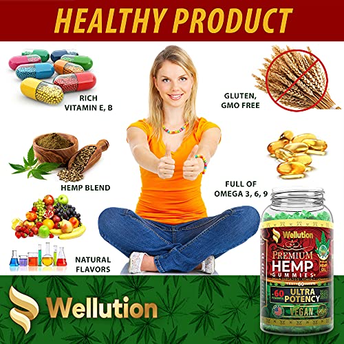 Wellution Vegan Hemp Gummies for Sleep x60 Ultra Potency - Stress Relief - Mood Enhancer & Immune Support - Rich in Vitamins B, E & Omega 3-6-9, Made in USA