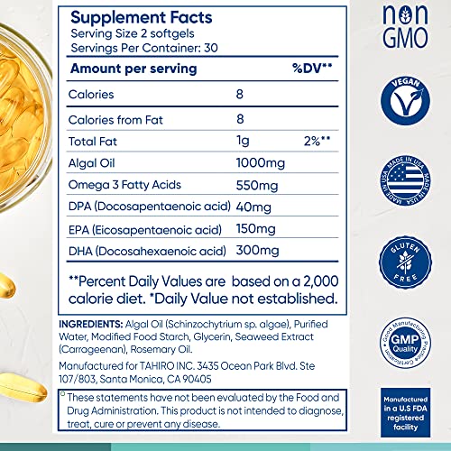 Tahiro Vegan Omega-3 Softgels. Serving Size 1000mg Includes DPA , DHA & EPA Plant Based Supplement. Nutrients for Men, Women, Kids, and Pregnant Women.
