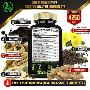 7in1 Tongkat Ali with Tribulus Terrestris 4250mg - 150 Capsules - Highest Potency with Ashwagandha Root, Panax Ginseng Root, Maca Root, Shilajit Powder and Pepper