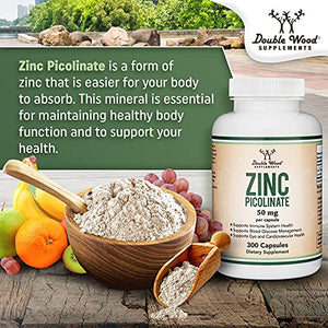 Zinc Picolinate 50mg, 300 Capsules (Immune Support for Kids and Adults) Non-GMO, Gluten Free, Made in The USA (300 Day Supply) by Double Wood Supplements