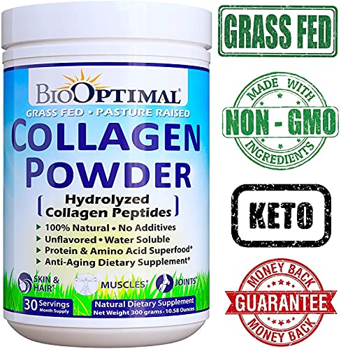 BioOptimal Collagen Powder, Collagen Peptides, Grass Fed, Non-GMO Premium Quality Hydrolyzed Collagen Protein, Pasture Raised, Dissolves Easily, 300 Grams