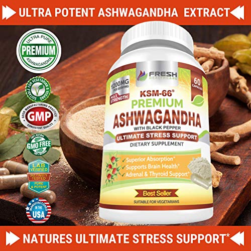 Ashwagandha KSM-66 by Fresh Healthcare, 1200mg Pure and Potent Root Extract Capsules with Natural Black Pepper for High Absorption, Non-GMO Vegan Supplement Pills