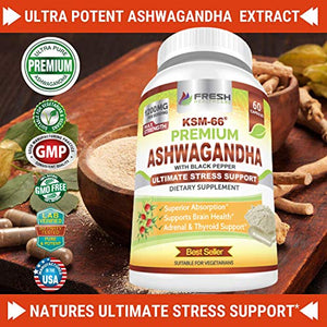 Ashwagandha KSM-66 by Fresh Healthcare, 1200mg Pure and Potent Root Extract Capsules with Natural Black Pepper for High Absorption, Non-GMO Vegan Supplement Pills