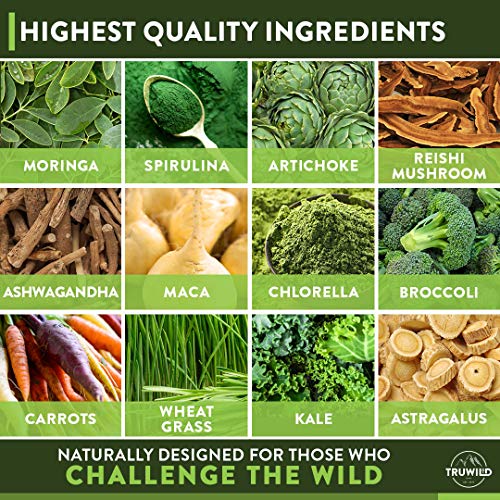 TRUWILD Wild Greens Certified Organic Green Superfood Adaptogen Powder - 22+ Amazing Organic Foods - Reishi, Ashwagandha, Maca, Moringa, Wheatgrass, Bitter Melon - Immune Support & Natural Flavor