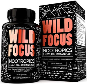 Wild Foods Focus Nootropic Supplement - with Gingko Biloba, Lions Mane Mushroom Powder, & Bacopa Monnieri - Nootropics & Natural Botanicals to Support Focus, Clarity, & Cognitive Ability - 60 Caps