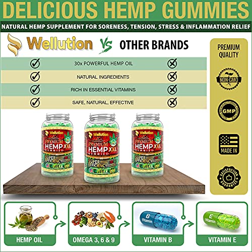 Wellution Hemp Gummies XXL High Potency - Fruity Gummy with Hemp Oil, Natural Hemp Candy Supplements for Soreness, Stress & Inflammation Relief, Promotes Sleep & Calm Mood