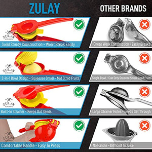 Zulay Metal 2-In-1 Lemon Lime Squeezer - Hand Juicer Lemon Squeezer - Max Extraction Manual Citrus Juicer (Bright Red and Yellow)