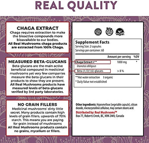 Real Mushrooms Chaga Capsules for Digestive Health and Immune Support (120ct) Vegan, Non-GMO Chaga Extract Supplements, Verified Levels of Beta-Glucans