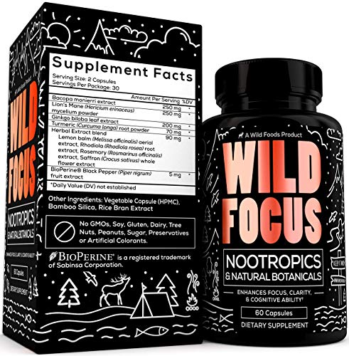 Wild Foods Focus Nootropic Supplement - with Gingko Biloba, Lions Mane Mushroom Powder, & Bacopa Monnieri - Nootropics & Natural Botanicals to Support Focus, Clarity, & Cognitive Ability - 60 Caps