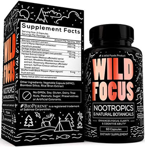 Wild Foods Focus Nootropic Supplement - with Gingko Biloba, Lions Mane Mushroom Powder, & Bacopa Monnieri - Nootropics & Natural Botanicals to Support Focus, Clarity, & Cognitive Ability - 60 Caps