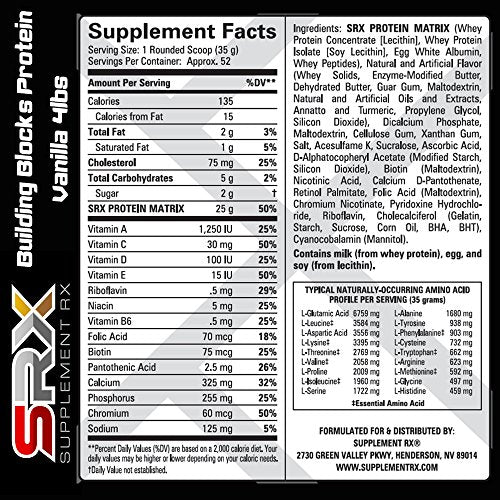Supplement Rx (SRX) - Building Blocks Protein Creamy Vanilla 4 lbs, Whey Protein Powder Concentrate, Whey Protein Isolate, Egg White Protein Powder, Weight Loss, Gluten Free, Protein Shake Powder