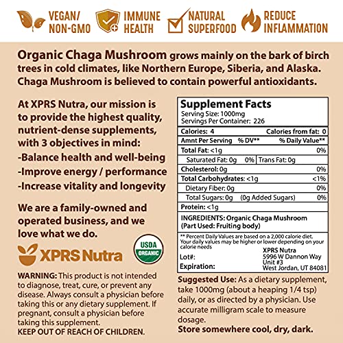 XPRS Nutra Organic Chaga Mushroom Powder - Premium USDA Organic Chaga Mushrooms Powder - Chaga Powder Supports Immune Health - Vegan Friendly Superfood for Chaga Tea and Beverages (8 oz)