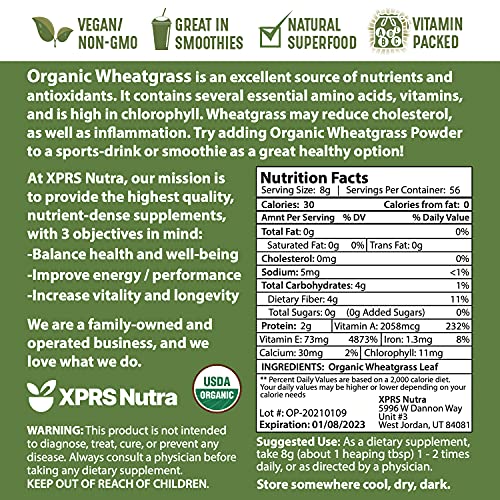 XPRS Nutra Organic Wheatgrass Powder - Whole Leaf Wheat Grass Powder - Made from Wheat Grass Powdered Organic Leaves - Vegan Friendly, Clean Sourced Organic Wheatgrass Powder (16 oz)