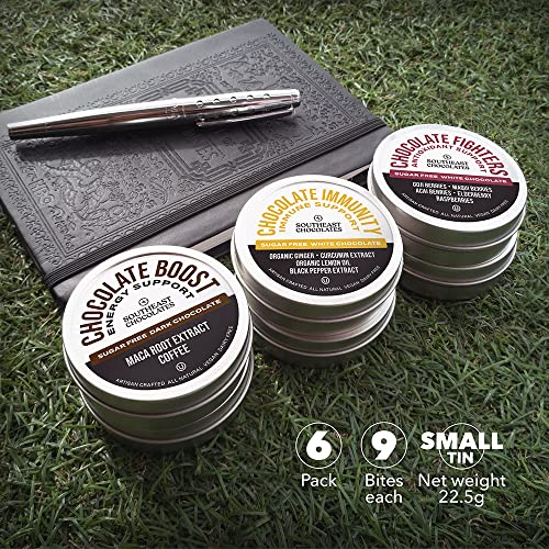 Southeast Chocolates Assorted Pack Sugar Free (Chocolate Booster, Fighter and immunity Energy Bites) – Support Physical Endurance and Memory Concentration – Vegan, Dairy-free, Soy-Free and All Natural (Small Tin 6 Pack/9 Bites ea.)